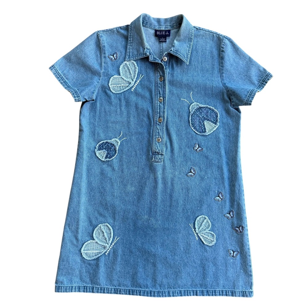 Blue J Denim Dress Womens‎ Size L Short Sleeve Applique Butterflies Vintage